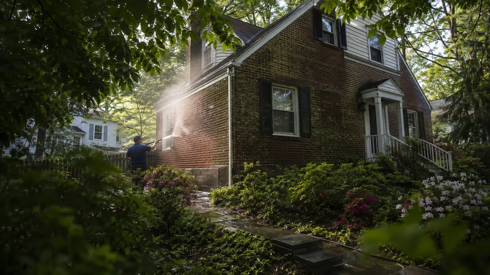 Professional power washing algae-stained brick on a mature Falls Church, Virginia home.