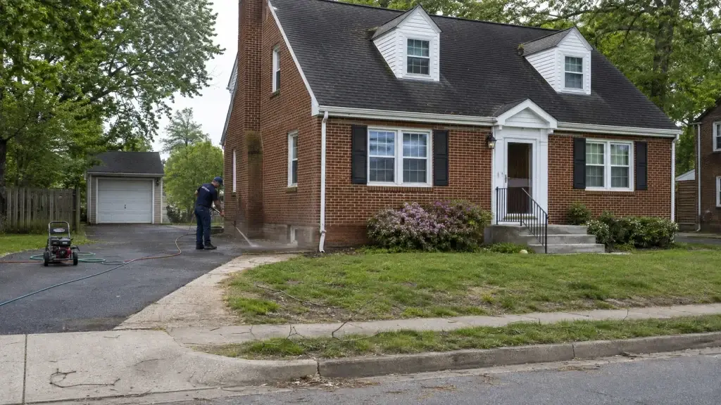 Technician cleaning a brick Cape Cod home in Falls Church during spring.